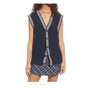 BP Oversized Cable Knit Preppy Sweater Vest Navy Blue White Striped Unisex Small